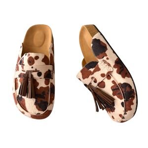 NEW Cowhide Calf Hair Size 7 Tassel Mule Loafers Brown Cream Animal Print Shoes